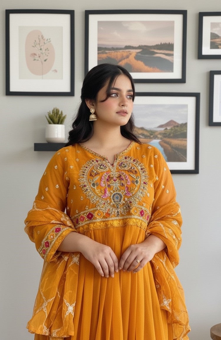 Blush Radiance Mustard Maxi 3PC | Embroidered Chiffon with Kattan Silk Trousers