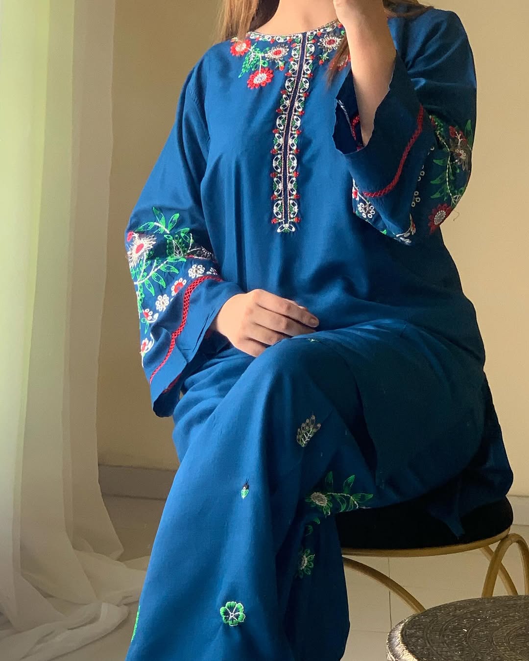Sapphire Bloom Linen Suit | Floral Embroidered 2PC for All Seasons
