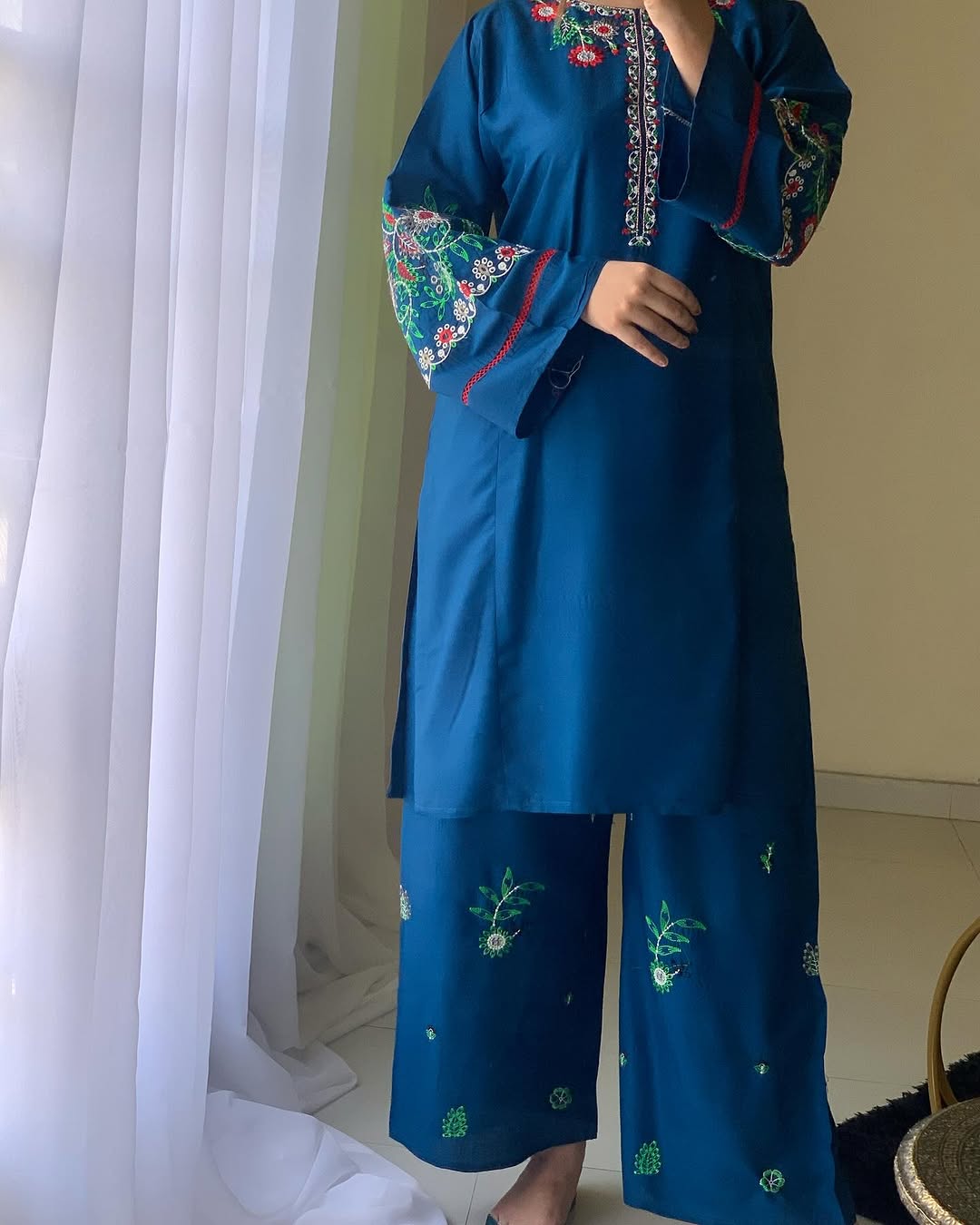 Sapphire Bloom Linen Suit | Floral Embroidered 2PC for All Seasons