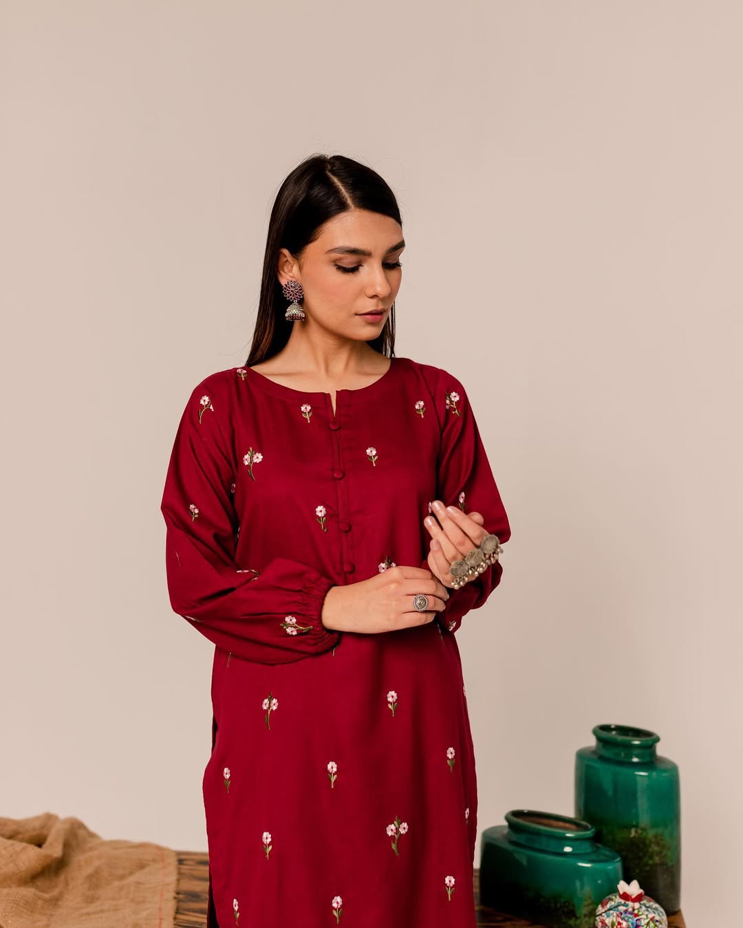 Crimson Bloom Linen Suit | Embroidered Gulab 2PC for All Seasons