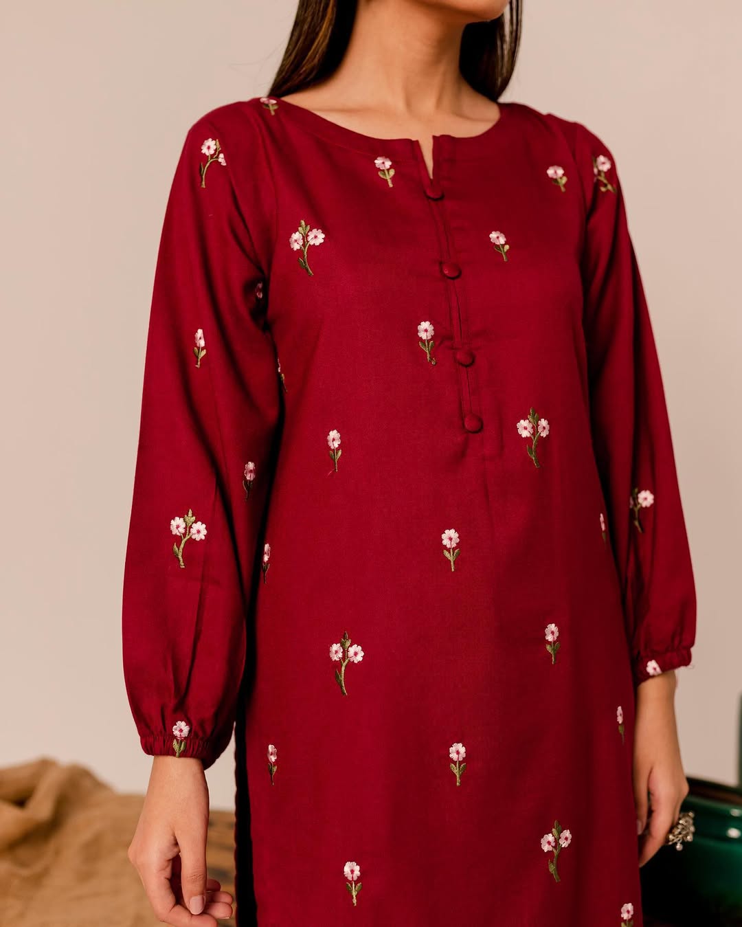 Crimson Bloom Linen Suit | Embroidered Gulab 2PC for All Seasons