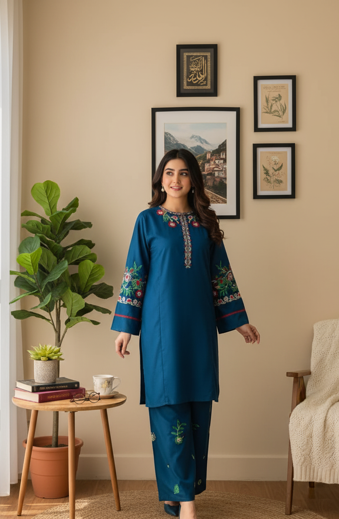 Sapphire Bloom Linen Suit | Floral Embroidered 2PC for All Seasons