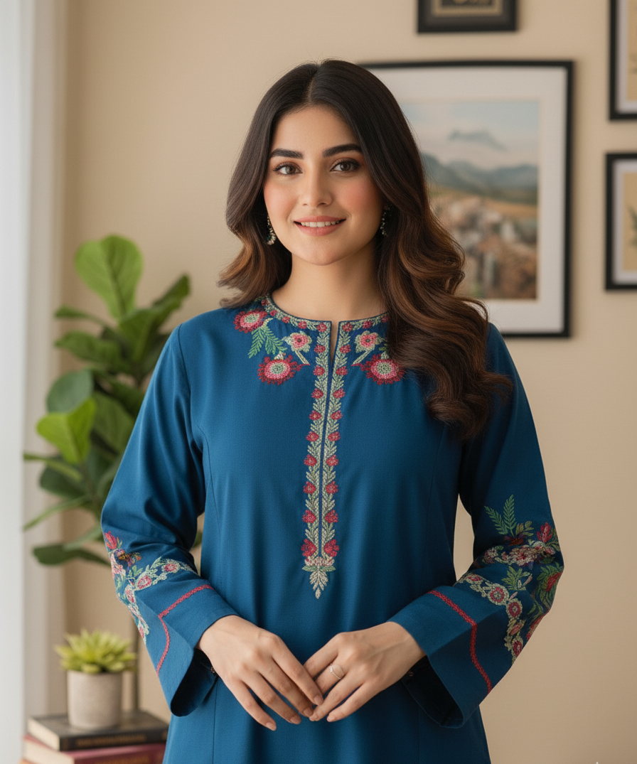 Sapphire Bloom Linen Suit | Floral Embroidered 2PC for All Seasons