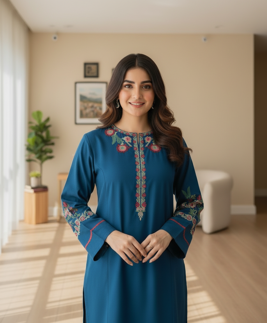 Sapphire Bloom Linen Suit | Floral Embroidered 2PC for All Seasons