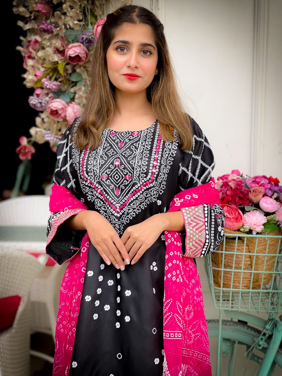 Chunri Noir Silk 3PC | Mirror Work & Block Print in Kattan Silk