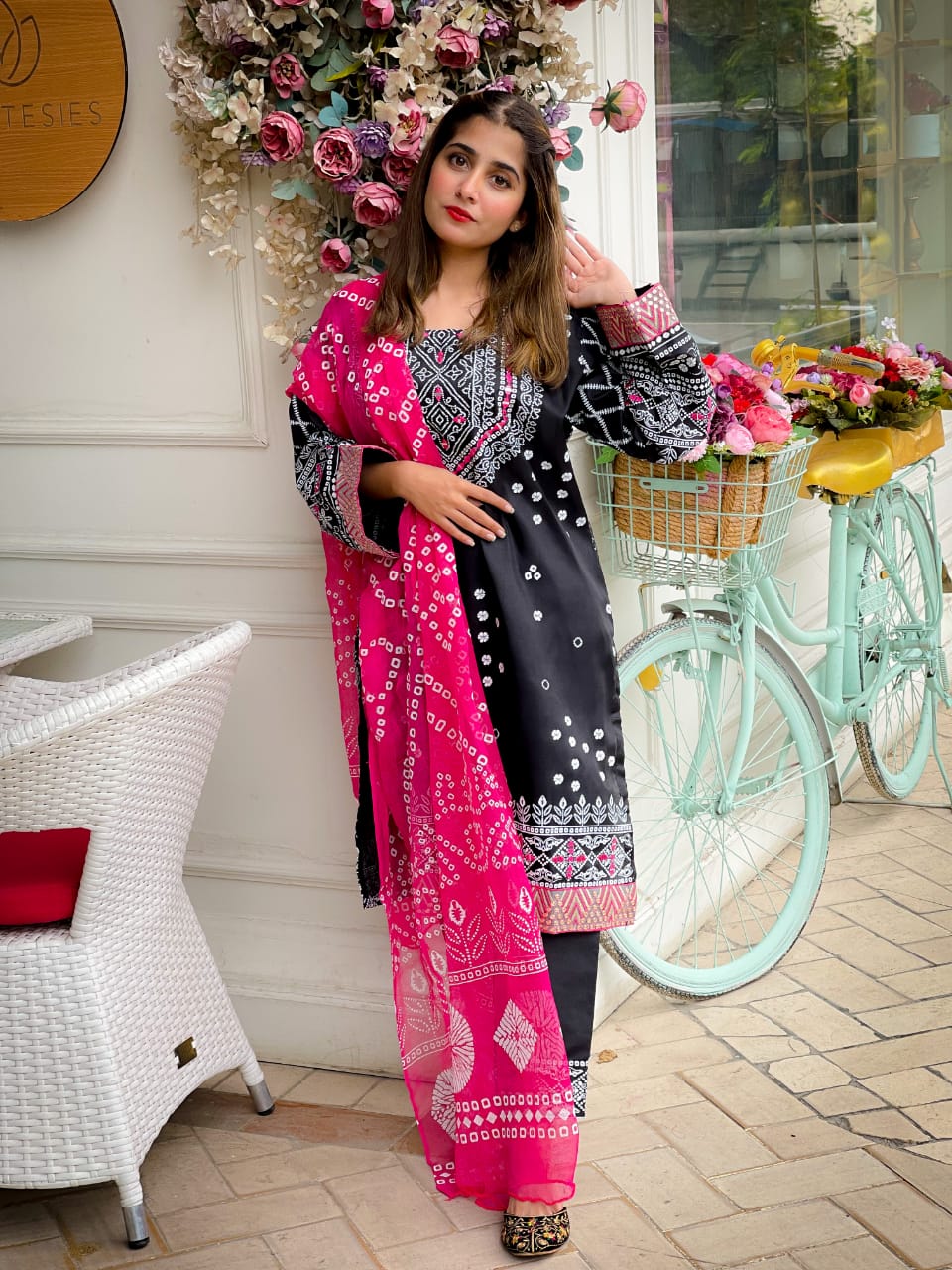 Chunri Noir Silk 3PC | Mirror Work & Block Print in Kattan Silk