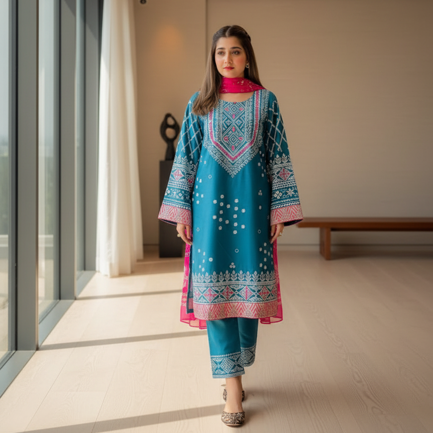 Chunri Azure Silk 3PC | Mirror Work & Block Print in Kattan Silk