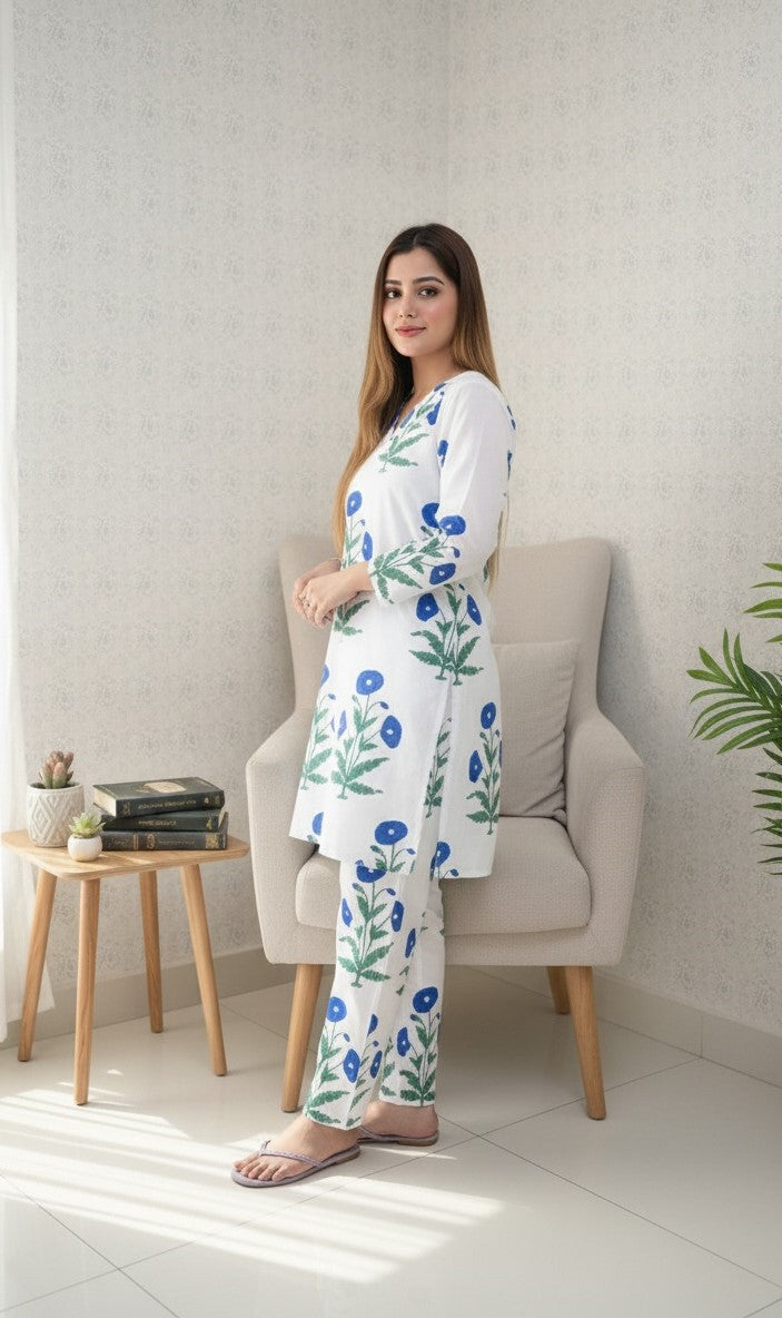 "Jasmine Print" Block Print Linen Suit | Two-Piece Set