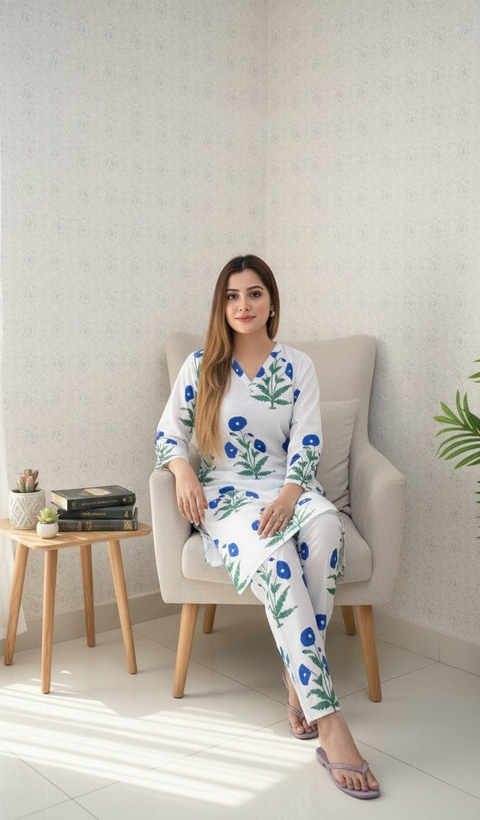 "Jasmine Print" Block Print Linen Suit | Two-Piece Set