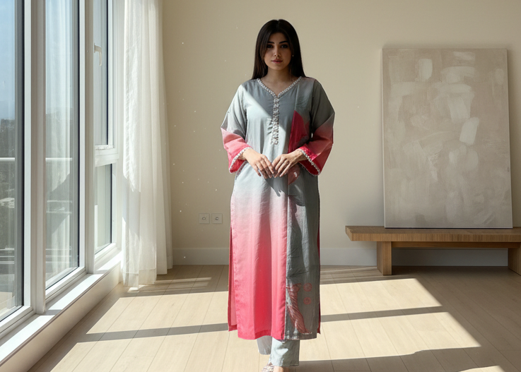 Person taking a mirror selfie wearing a pink and gray outfit in a bedroom.