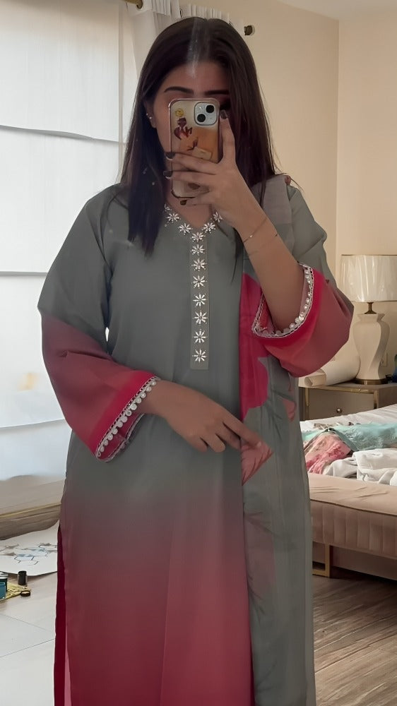 Blush Horizon Ombre Linen 3PC | Grey-Pink Gradient with White Embroidery