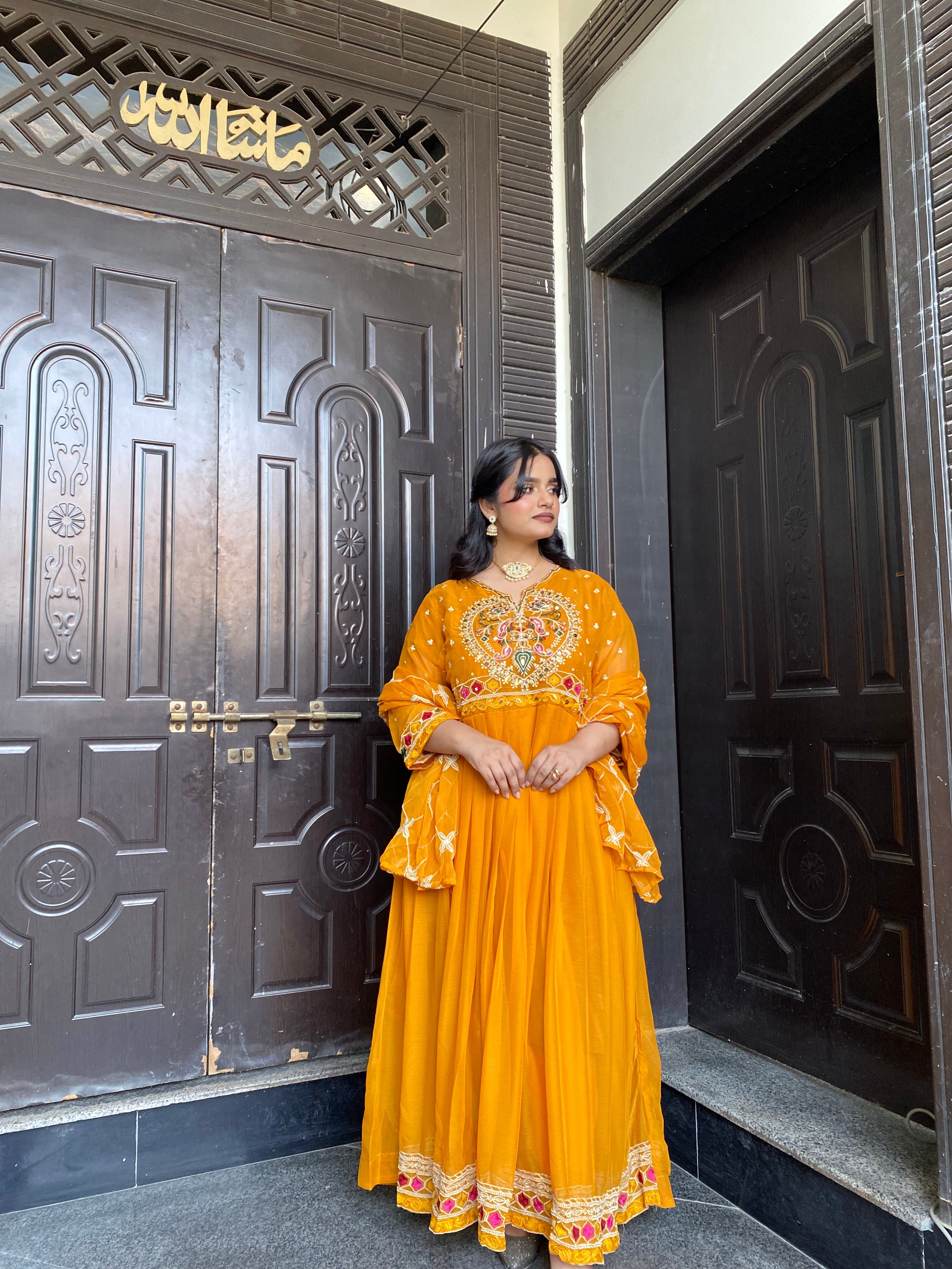 Blush Radiance Mustard Maxi 3PC | Embroidered Chiffon with Kattan Silk Trousers