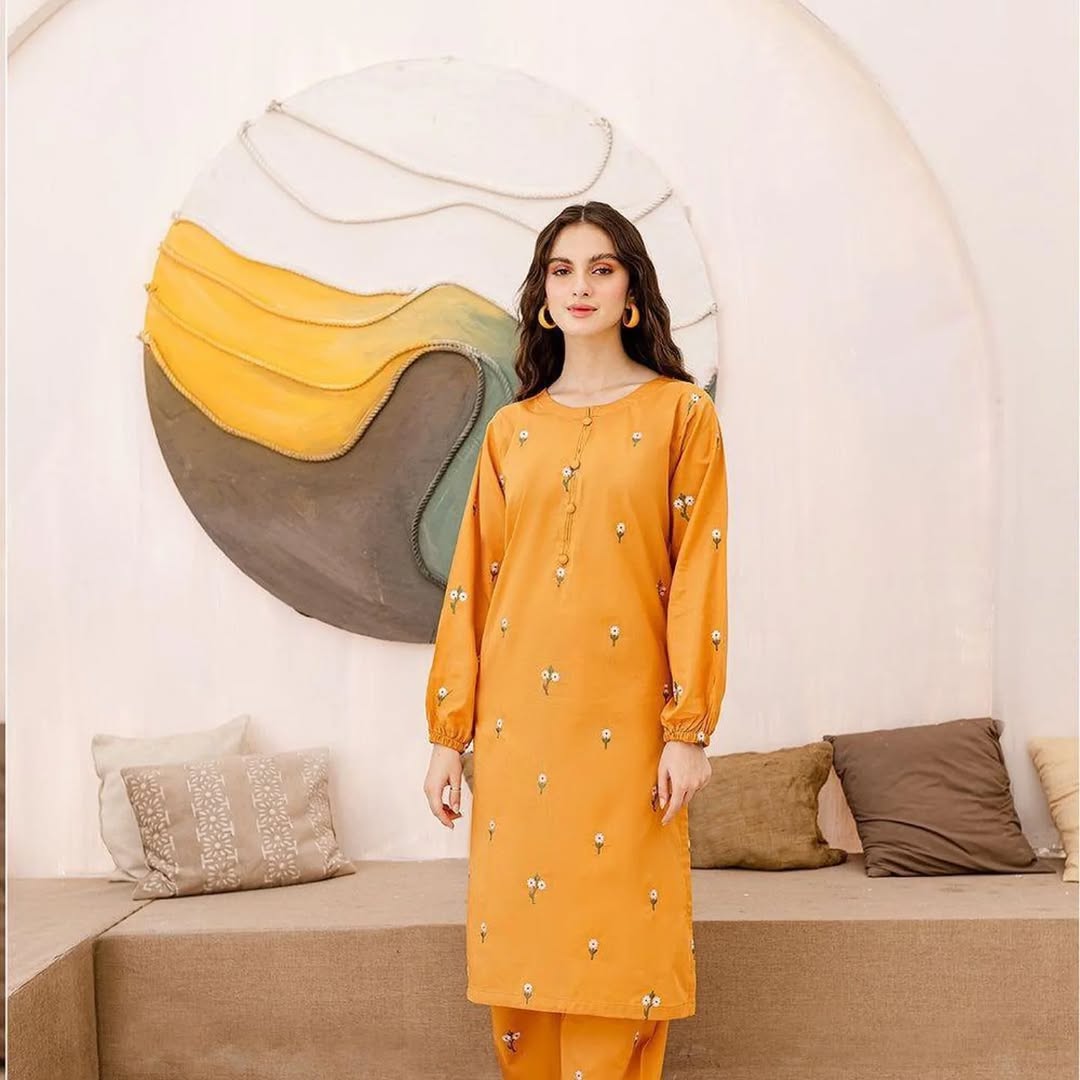 Sunlit Bloom Linen Suit | Embroidered Gulab Mustard 2PC for All Seasons