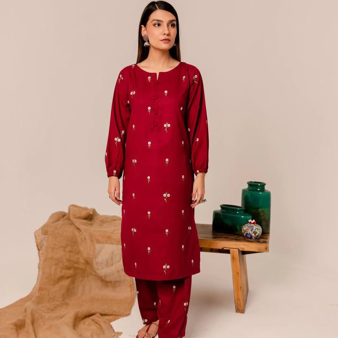 Crimson Bloom Linen Suit | Embroidered Gulab 2PC for All Seasons