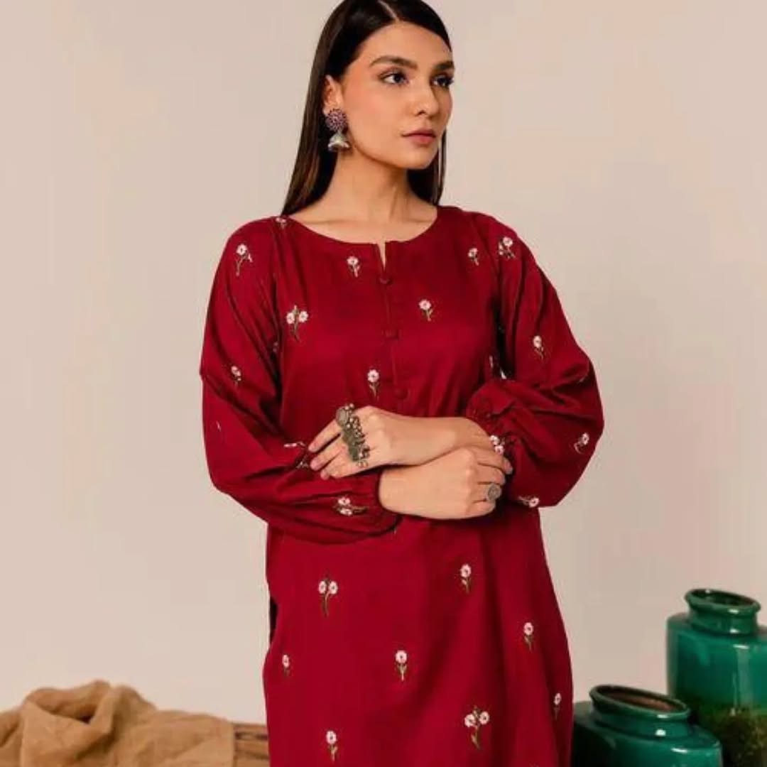 Crimson Bloom Linen Suit | Embroidered Gulab 2PC for All Seasons