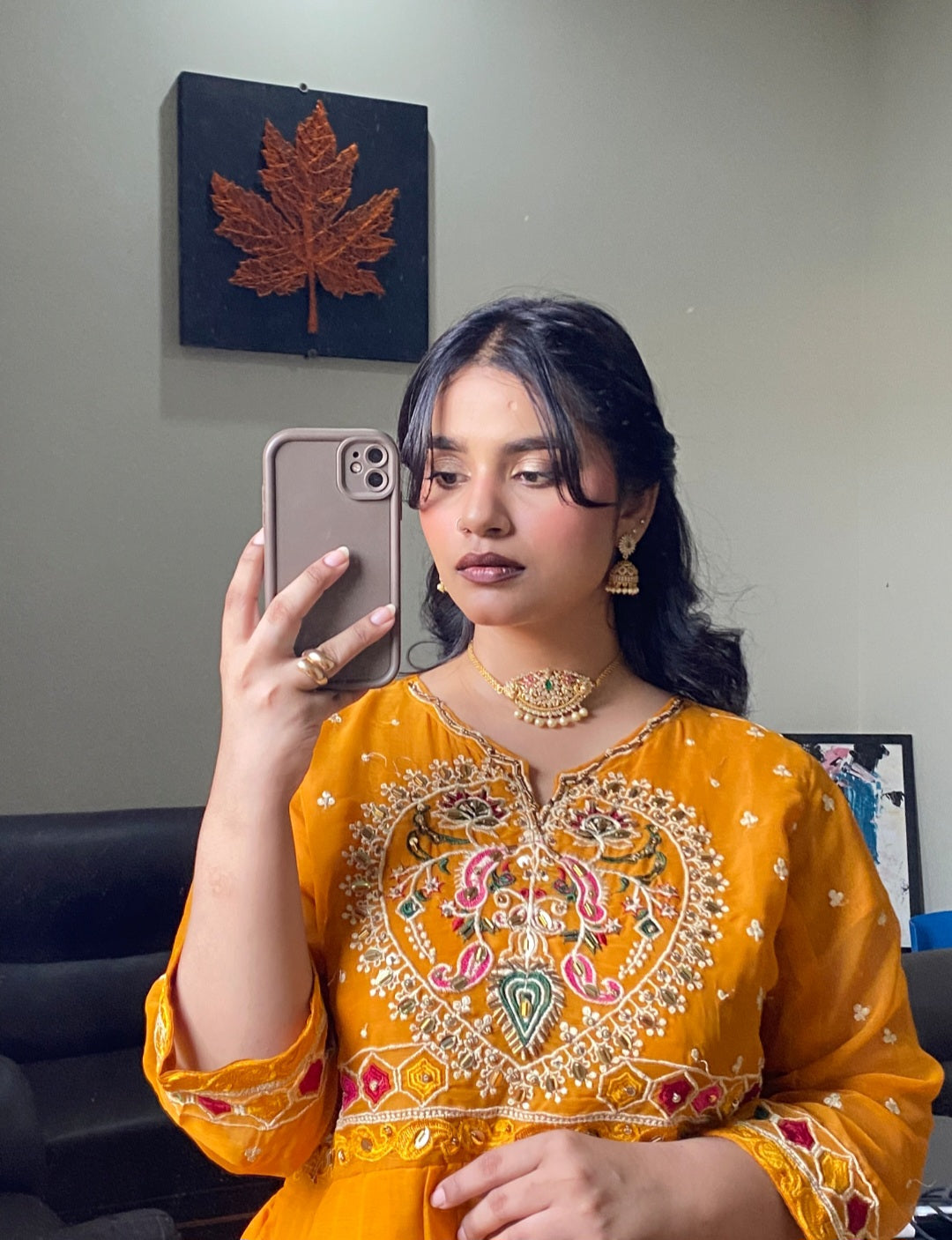 Blush Radiance Mustard Maxi 3PC | Embroidered Chiffon with Kattan Silk Trousers