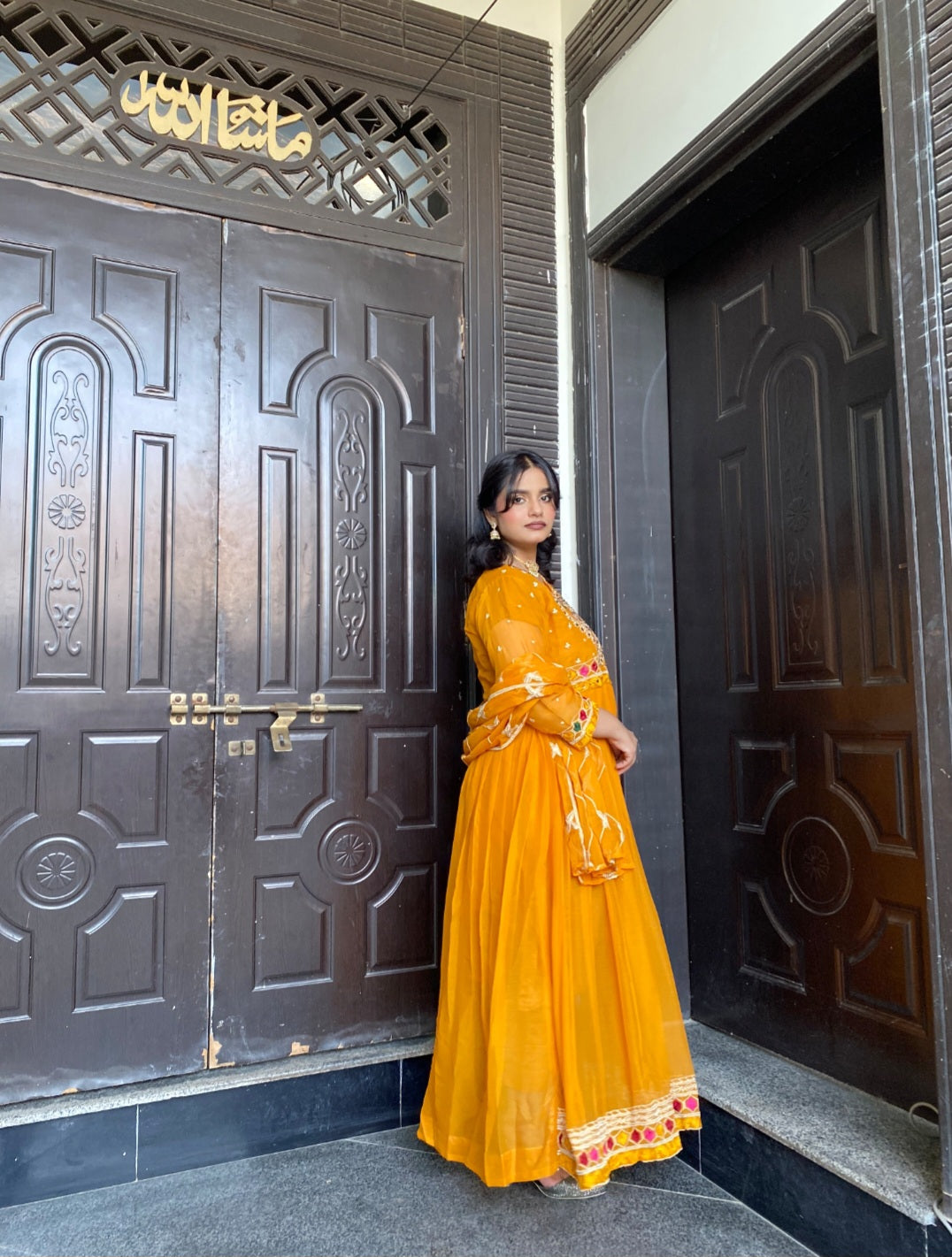 Blush Radiance Mustard Maxi 3PC | Embroidered Chiffon with Kattan Silk Trousers