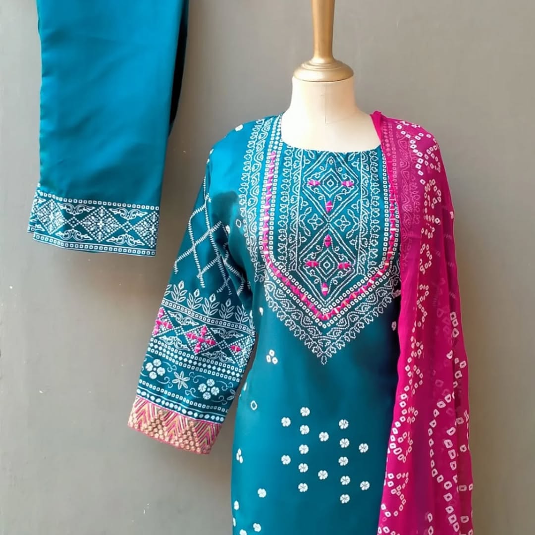 Chunri Azure Silk 3PC | Mirror Work & Block Print in Kattan Silk