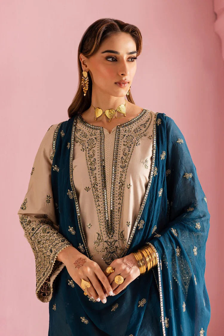 Dhanak Aura Embroidered 3PC Suit | Beige & Blue Festive Ensemble