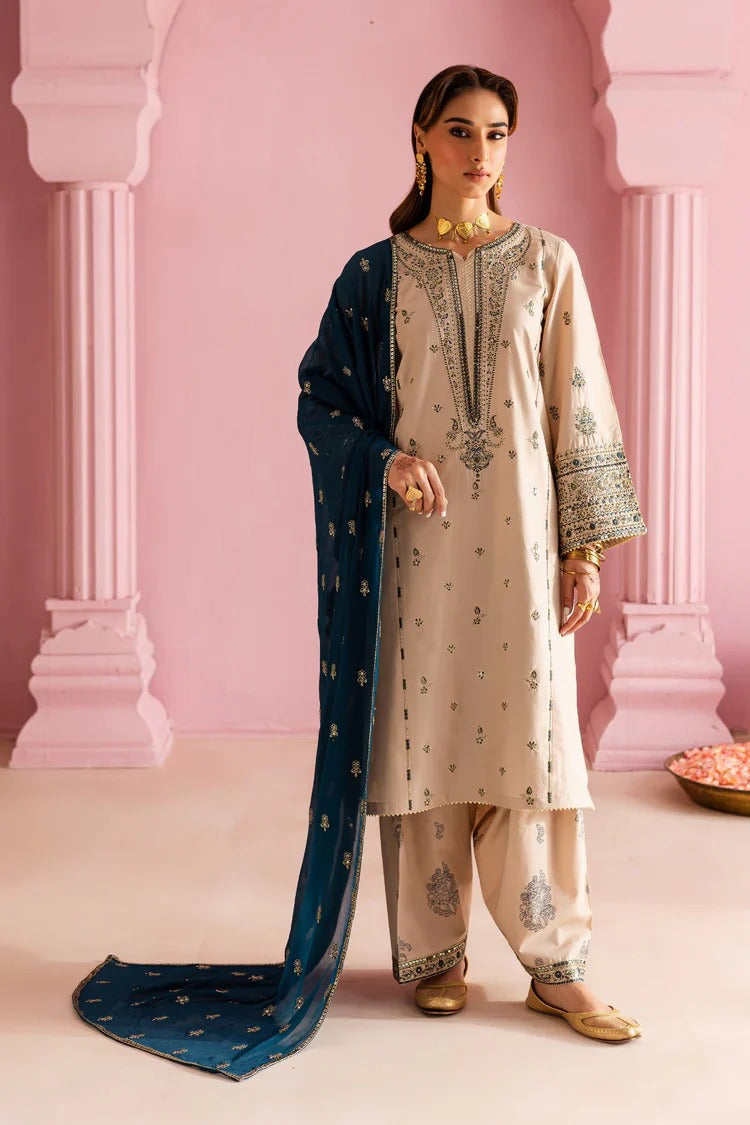 Dhanak Aura Embroidered 3PC Suit | Beige & Blue Festive Ensemble