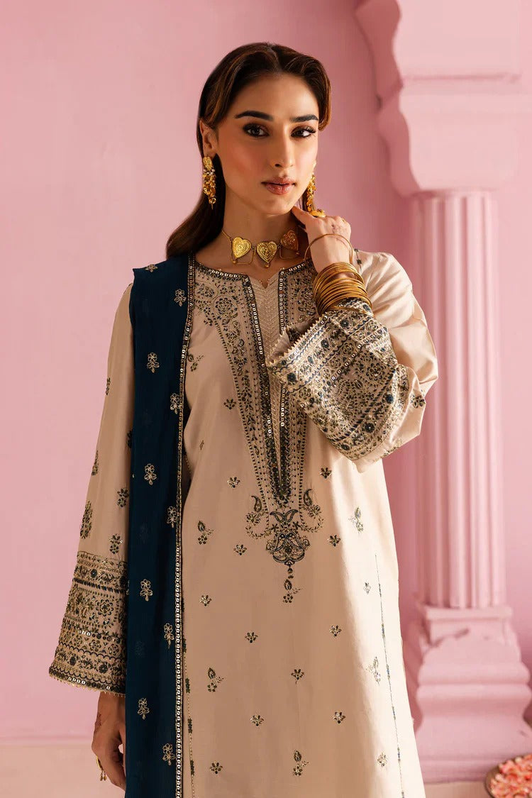 Dhanak Aura Embroidered 3PC Suit | Beige & Blue Festive Ensemble