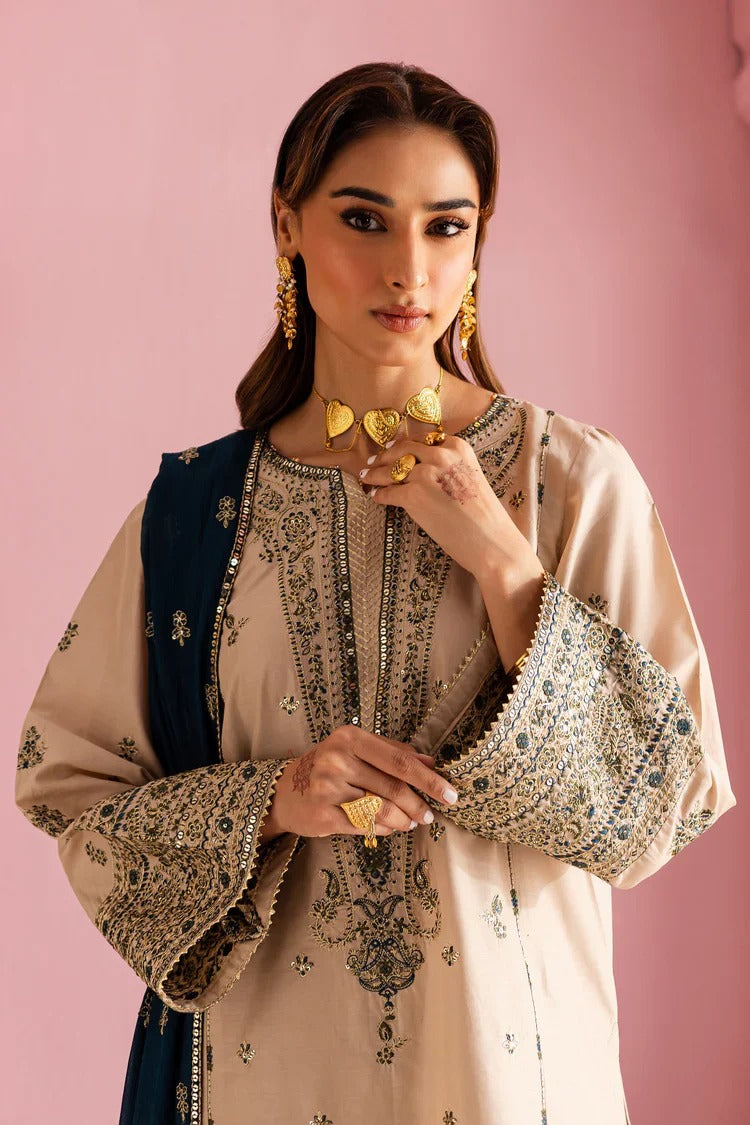 Dhanak Aura Embroidered 3PC Suit | Beige & Blue Festive Ensemble